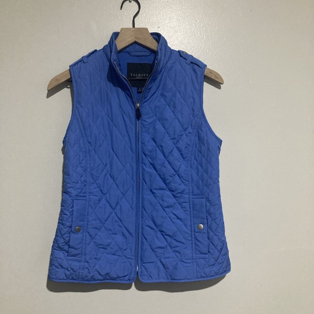 Talbots Diamond Quilted Vest Blue Women Size Petite Zipper Pockets Fleece Inner